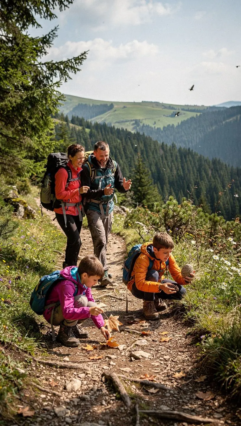 Grup de turiști admirând peisajul montan din Carpați, cu copii care se joacă în iarba verde.