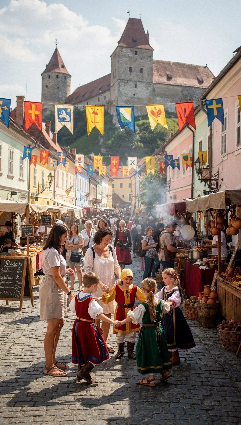 Familie explorând cetatea Bran, cu accesibilitate pentru persoanele cu mobilitate redusă.